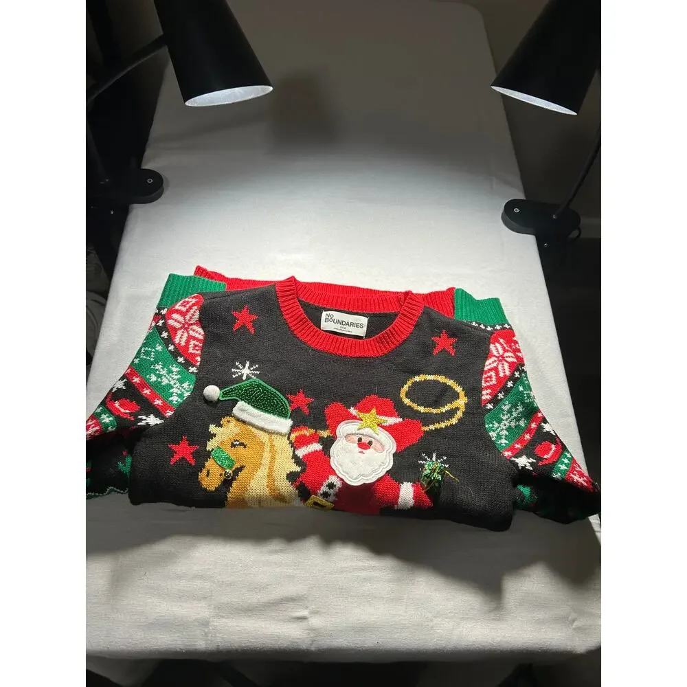 No Boundaries Men’s Small Ugly Christmas Sweater Santa Horse 3D Tinsel